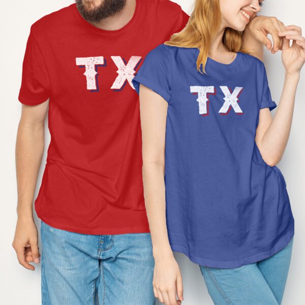 A man and woman wearing Texas Rangers T-shirts